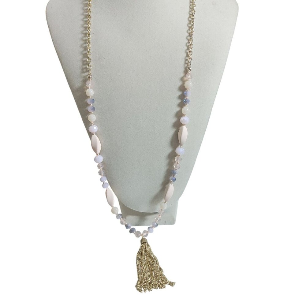 Gold Chain Tassel Necklace Pastel AB Beads Adjustable Lobster Clasp 30 Inches